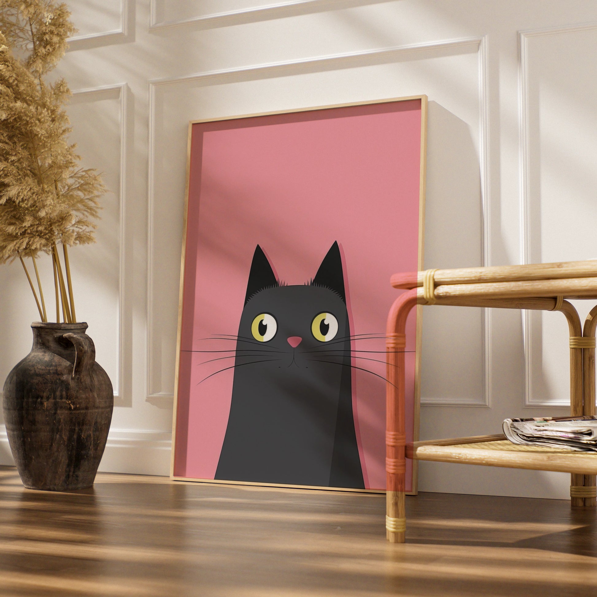 Black Cat Nursery Wall Art, Cute Cat Poster, Pink Kids Room Print, Minimalist Animal