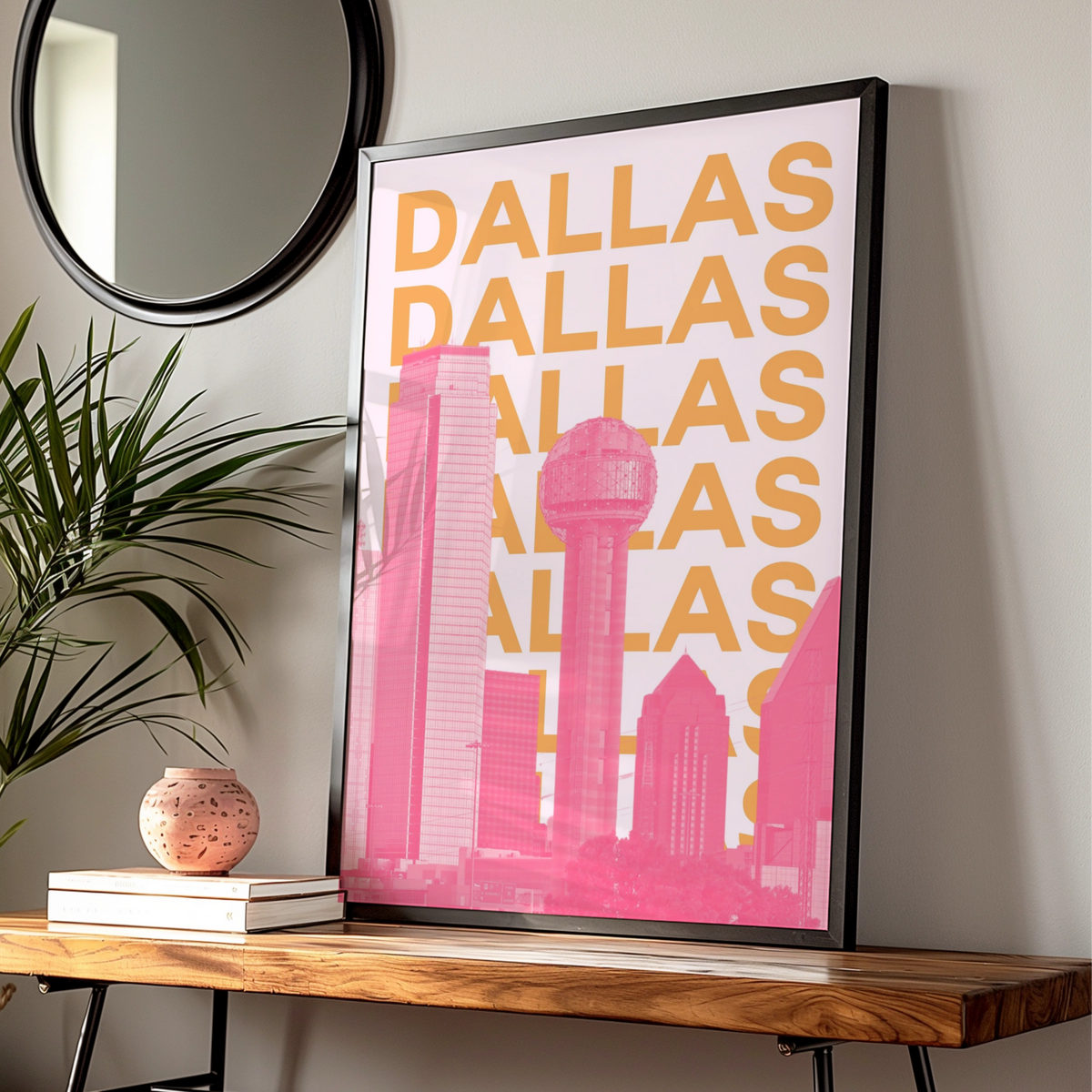 Dallas Travel Poster, Texas Skyline Wall Art, Retro City Print, Pink Orange Modern Decor