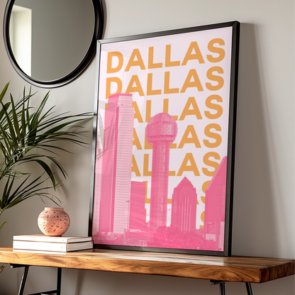 Dallas Travel Poster, Texas Skyline Wall Art, Retro City Print, Pink Orange Modern Decor