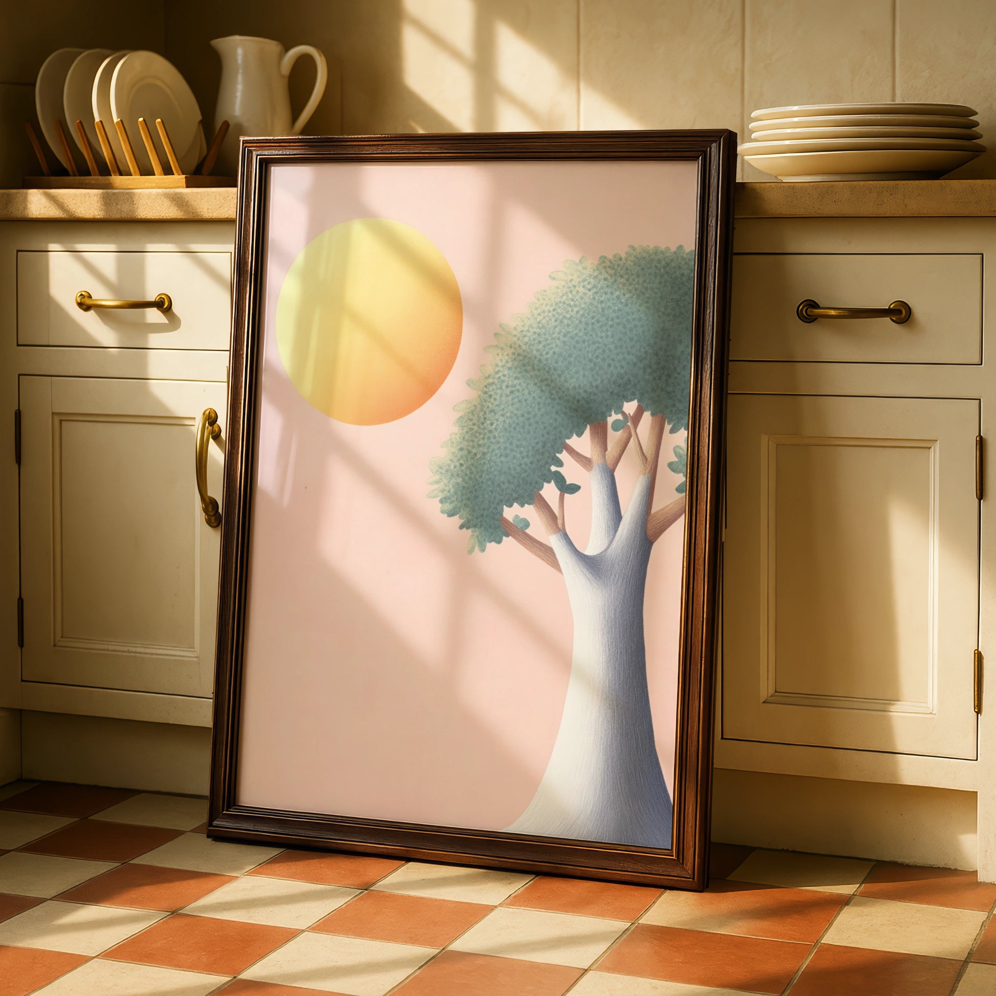 Nursery Tree Wall Art, Pastel Sun Print, Baby Room Poster, Soft Pink Children's Decor