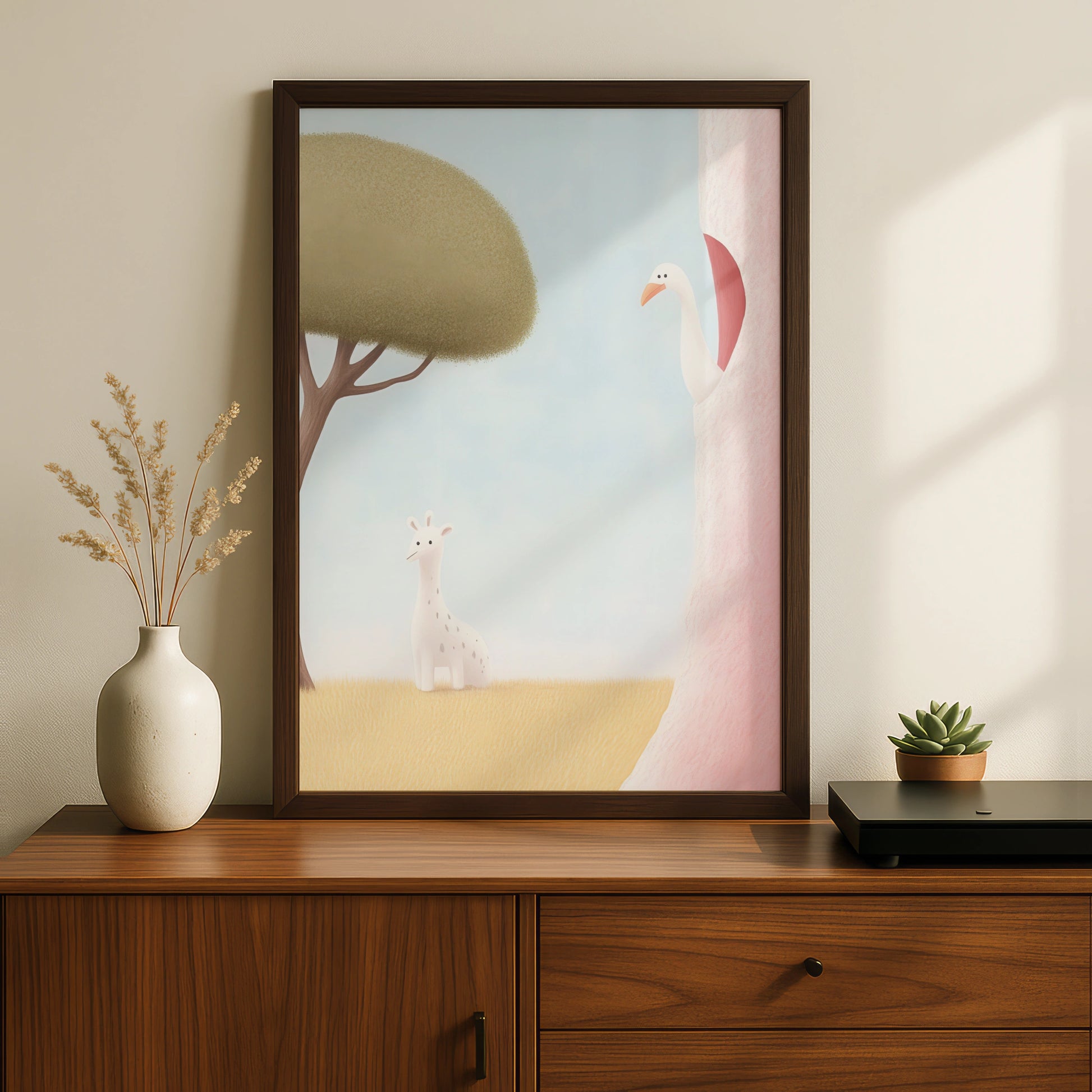 Nursery Wall Art Giraffe Swan Print, Baby Animal Poster, Pastel Kids Room Decor