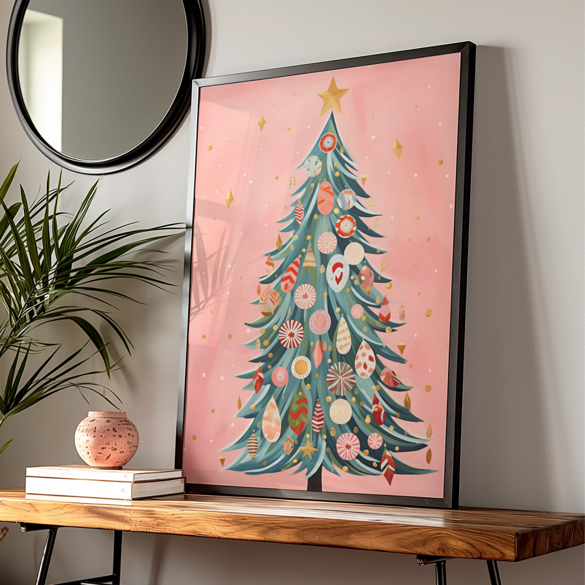 Pink Christmas Tree Poster, Festive Baubles Wall Art, Boho Xmas Print, Holiday Home Decor