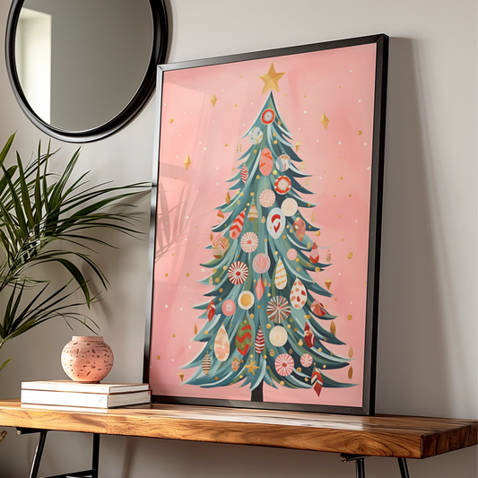 Pink Christmas Tree Poster, Festive Baubles Wall Art, Boho Xmas Print, Holiday Home Decor