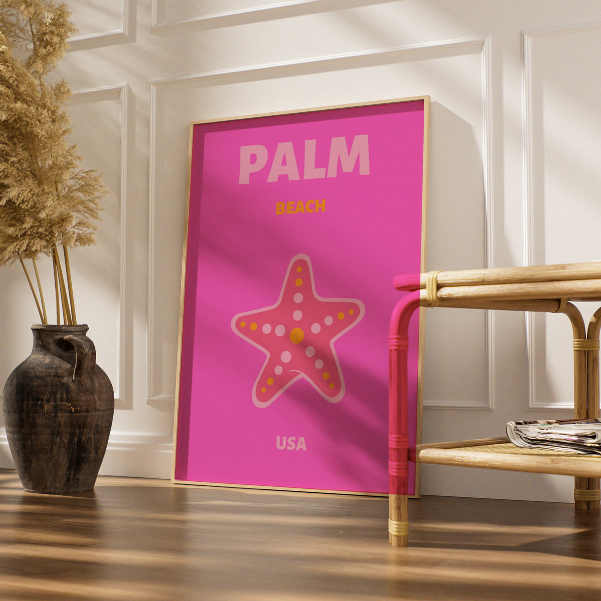 Palm Beach Florida Travel Poster, Retro USA Wall Art, Pink Starfish Print