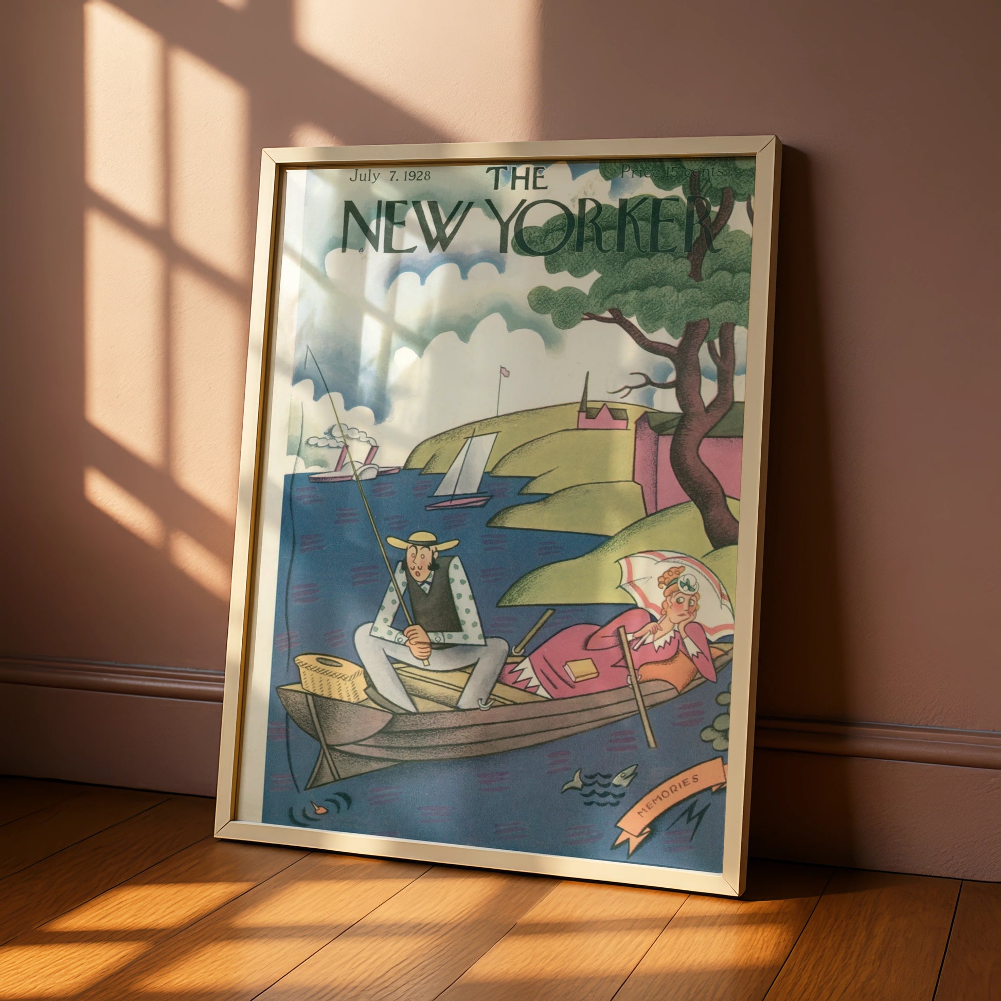 New Yorker 1928 Vintage Cover Poster, Fishing Boat Couple, Retro Wall Art Print