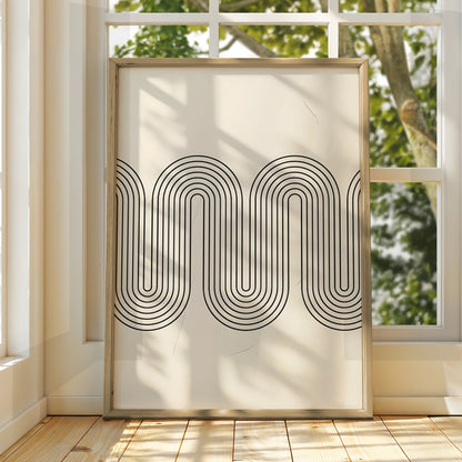 Monochrome Wave Line Art Print, Minimalist Black White Poster, Modern Wall Decor