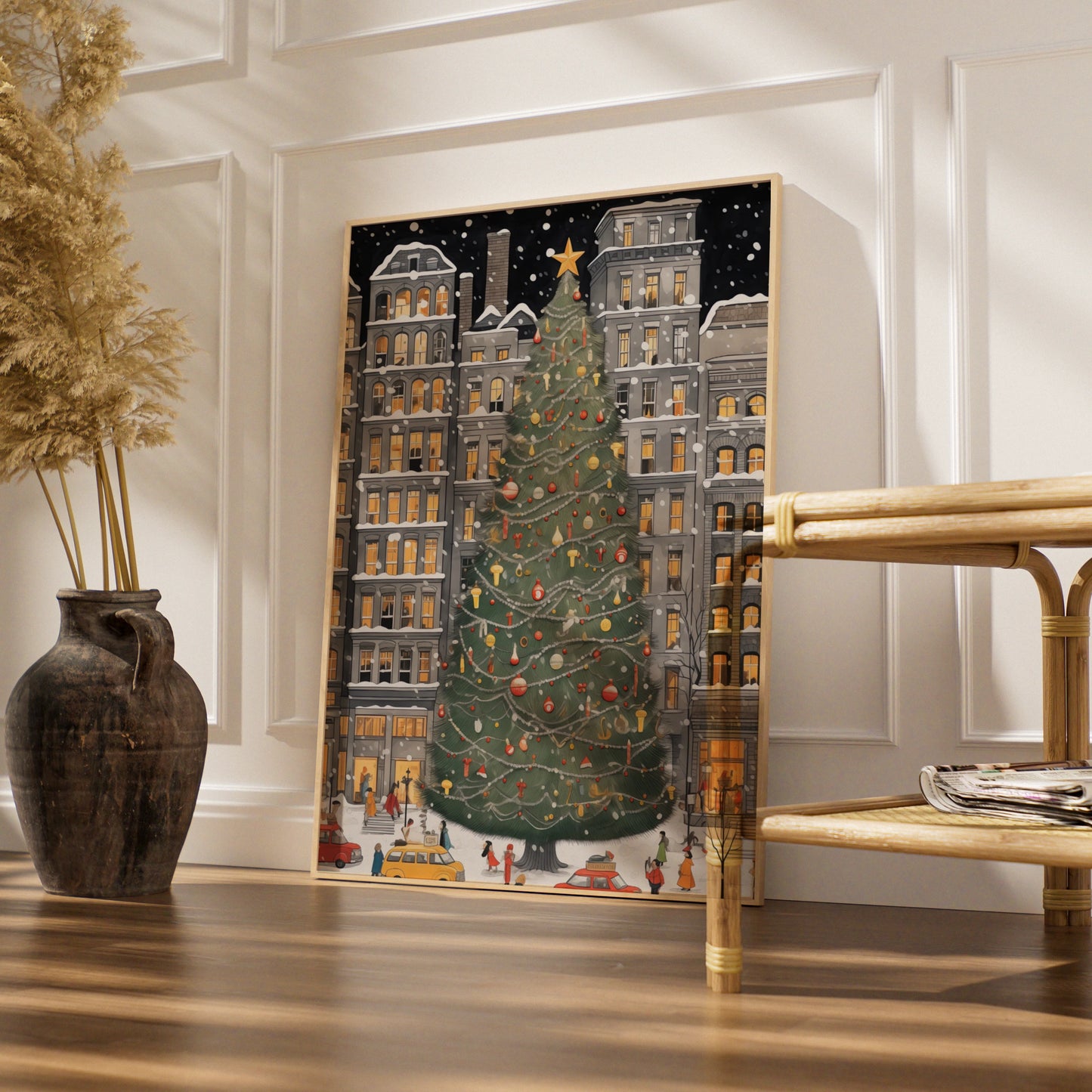 Christmas Tree City Poster, Festive Winter Snow Scene, Holiday Wall Art Print