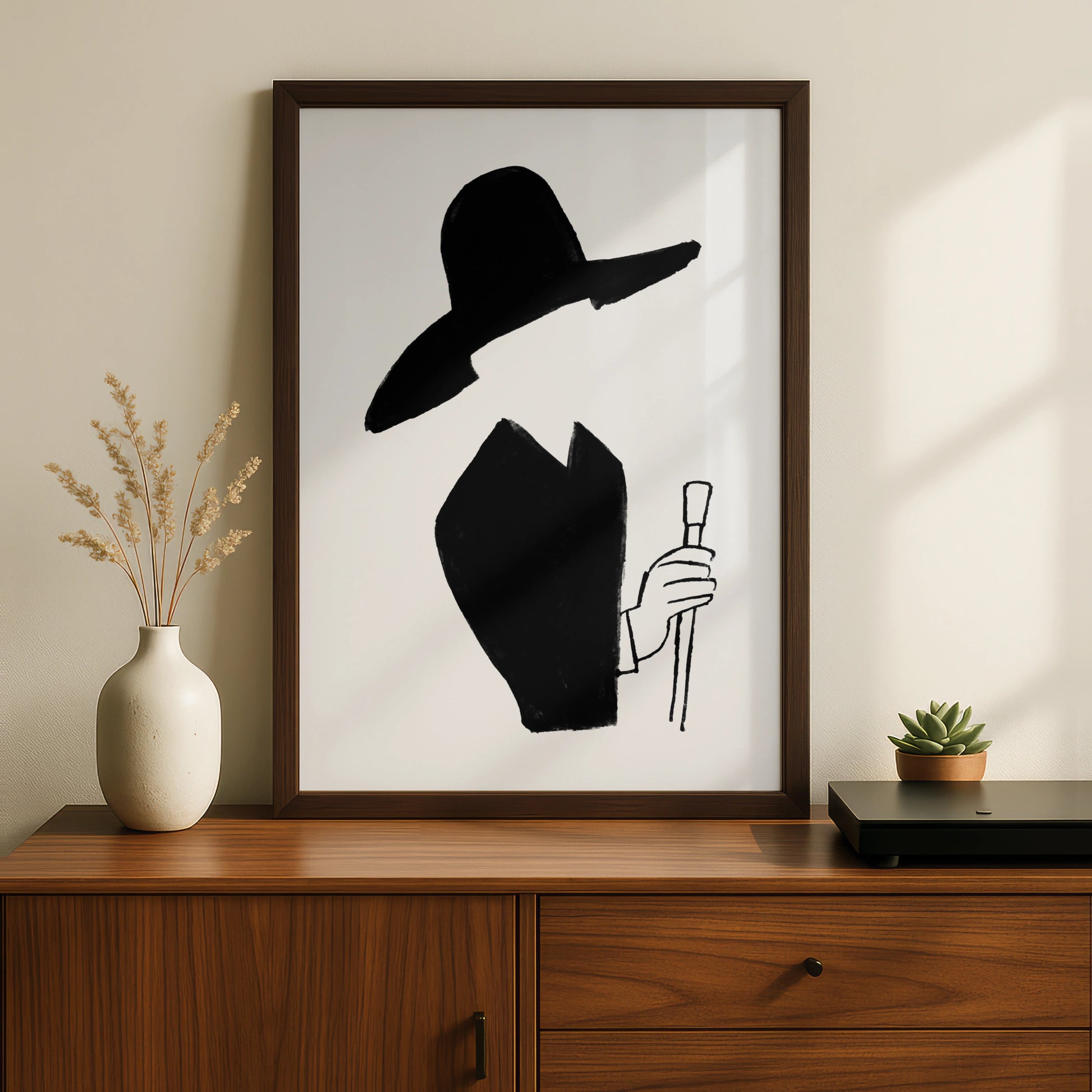 Halloween Witch Poster, Black Silhouette Art Print, Spooky Wide Brim Hat Wall Art