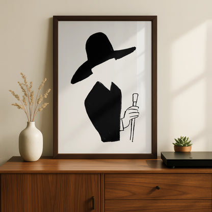 Halloween Witch Poster, Black Silhouette Art Print, Spooky Wide Brim Hat Wall Art