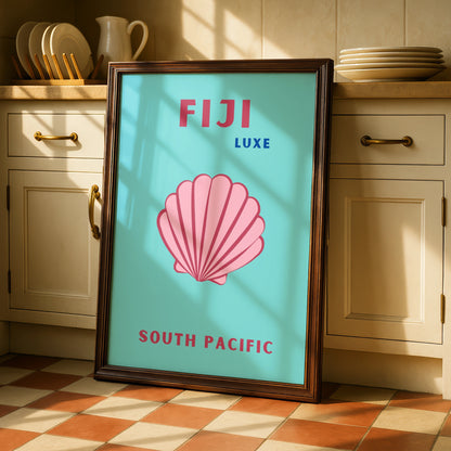 Fiji Travel Poster, South Pacific Wall Art, Retro Seashell Print, Teal Pink Beach Decor