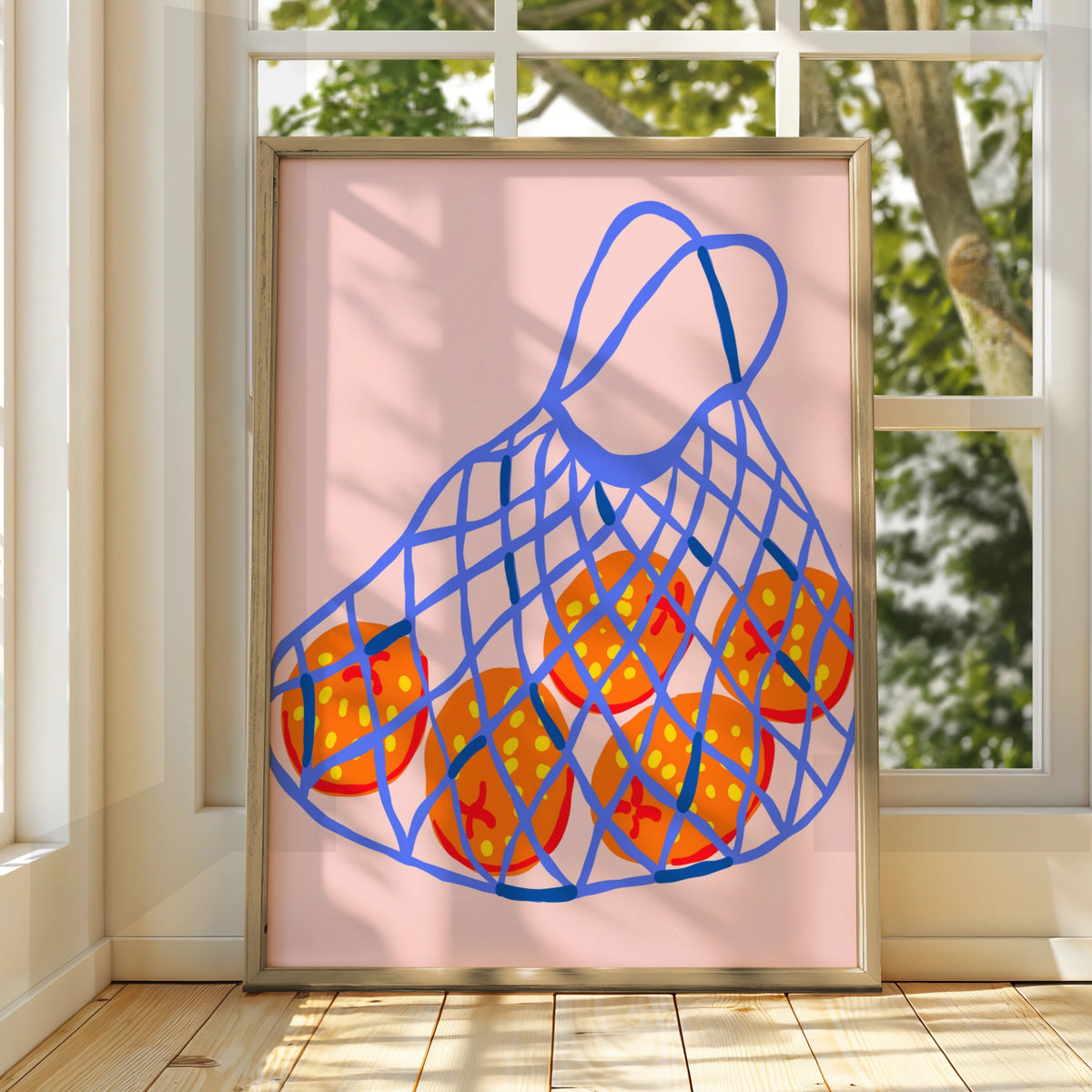 Maximalist Fruit Poster, Bold Orange Net Bag Print, Colourful Kitchen Wall Art Decor