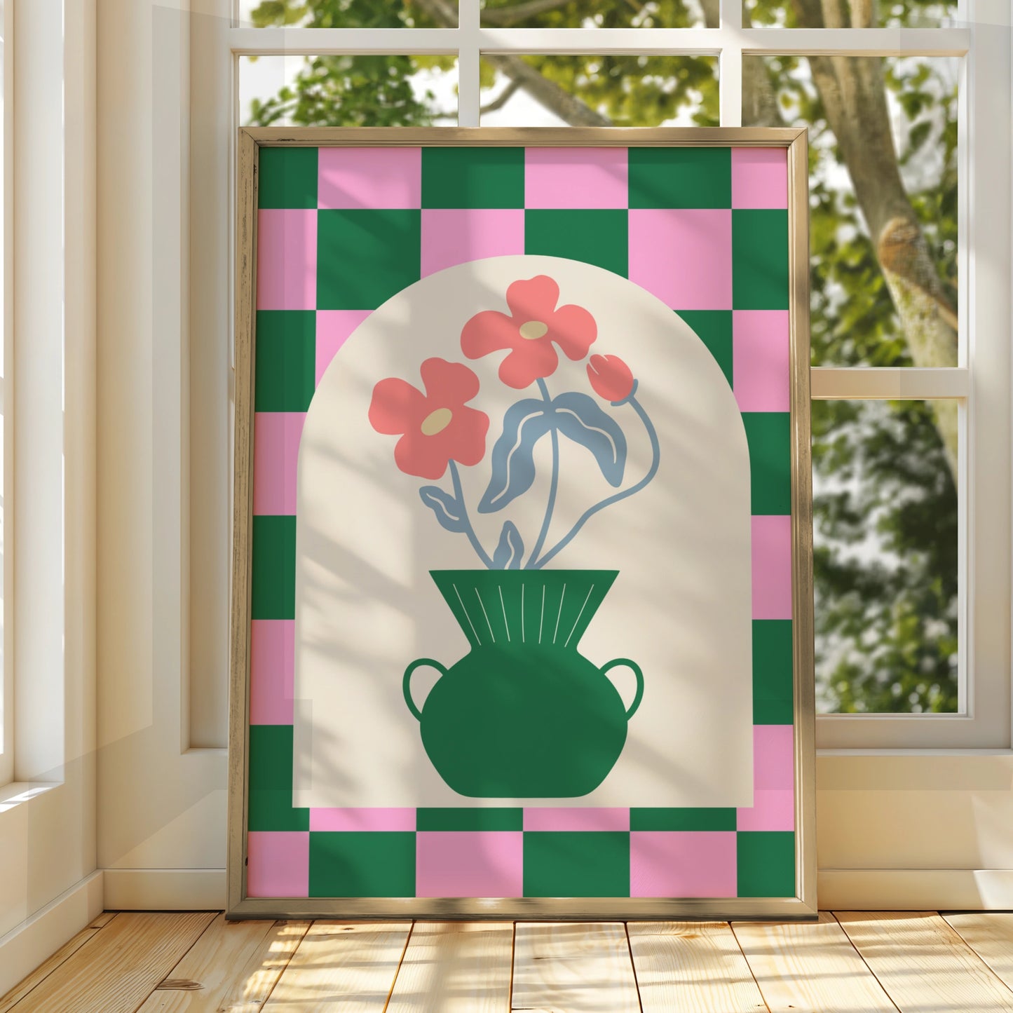 Maximalist Floral Vase Poster, Bold Checkerboard Wall Art, Pink Green Flower Print