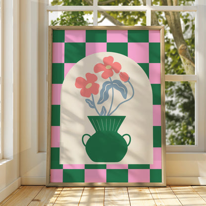 Maximalist Floral Vase Poster, Bold Checkerboard Wall Art, Pink Green Flower Print