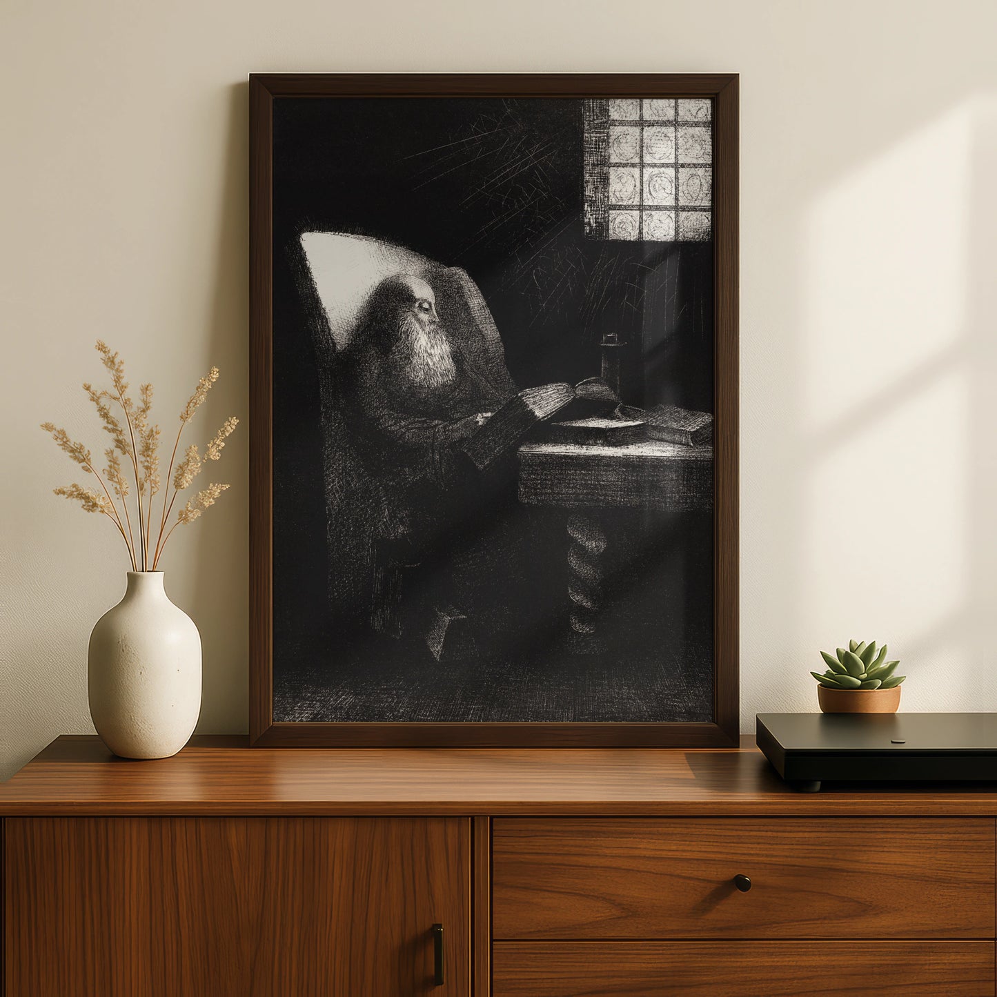 Dark Gothic Halloween Art Print, Mysterious Old Wizard Reading Spellbook Poster