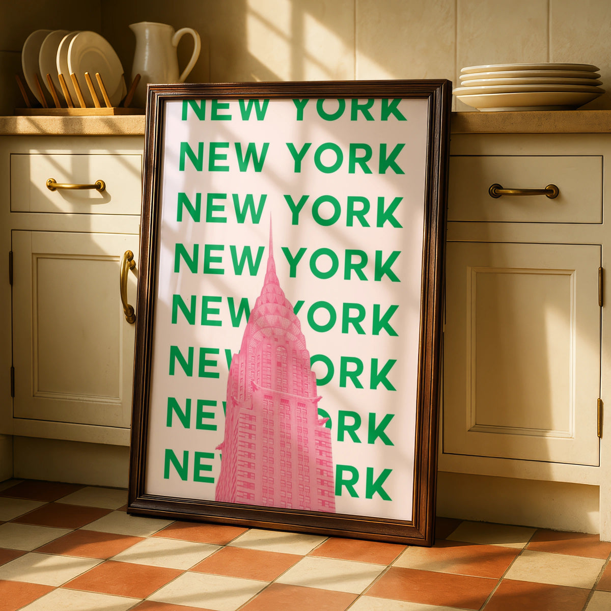 New York Travel Poster, NYC Retro Wall Art, Chrysler Building Pink Green Print