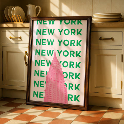 New York Travel Poster, NYC Retro Wall Art, Chrysler Building Pink Green Print