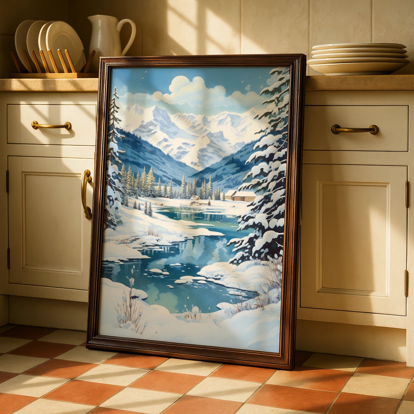 Christmas Winter Landscape Poster, Snowy Mountain Scene, Blue Festive Wall Art Print