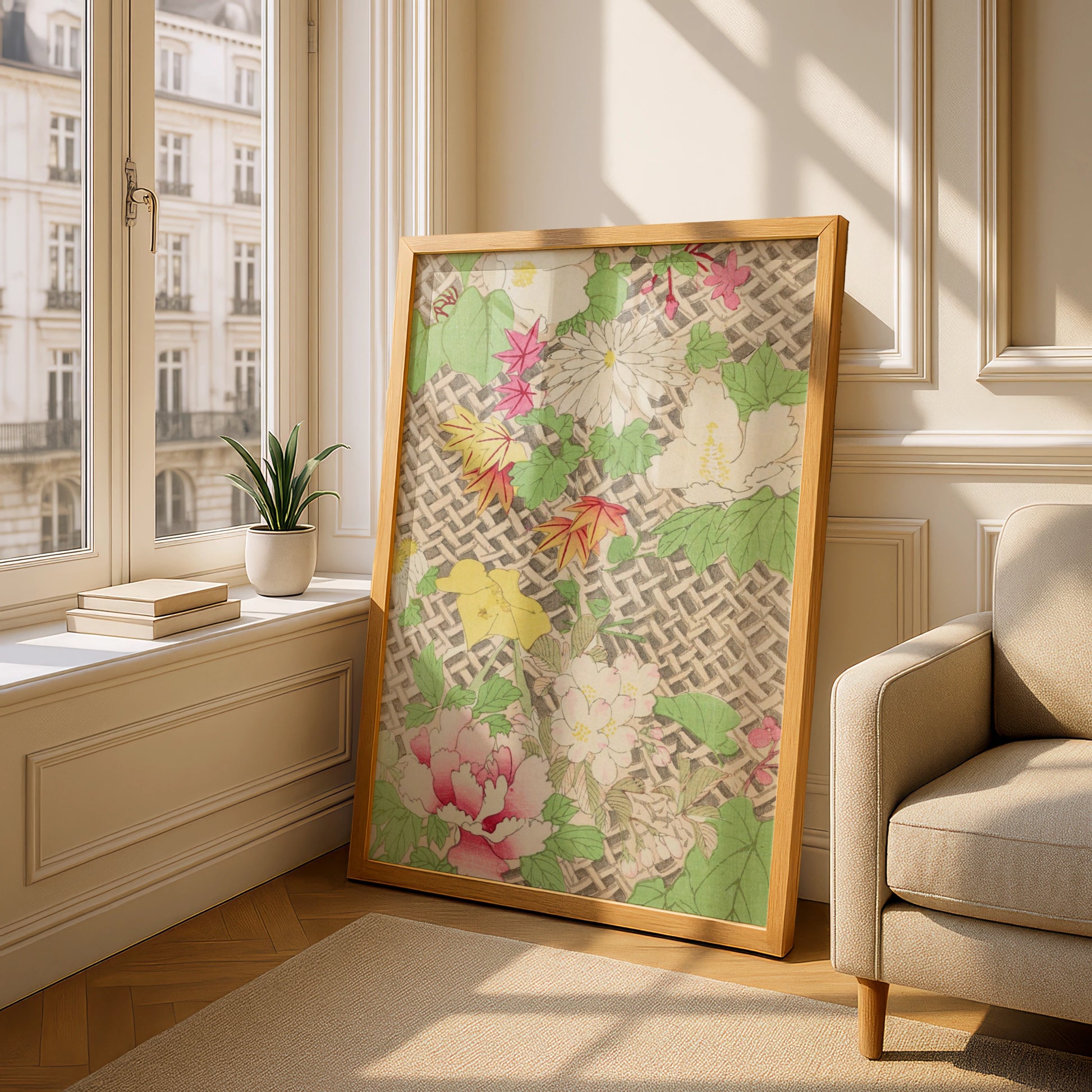 Japanese Botanical Print, Vintage Floral Wall Art, Bijutsukai 1901 Woodblock Poster – A5 Oak frame