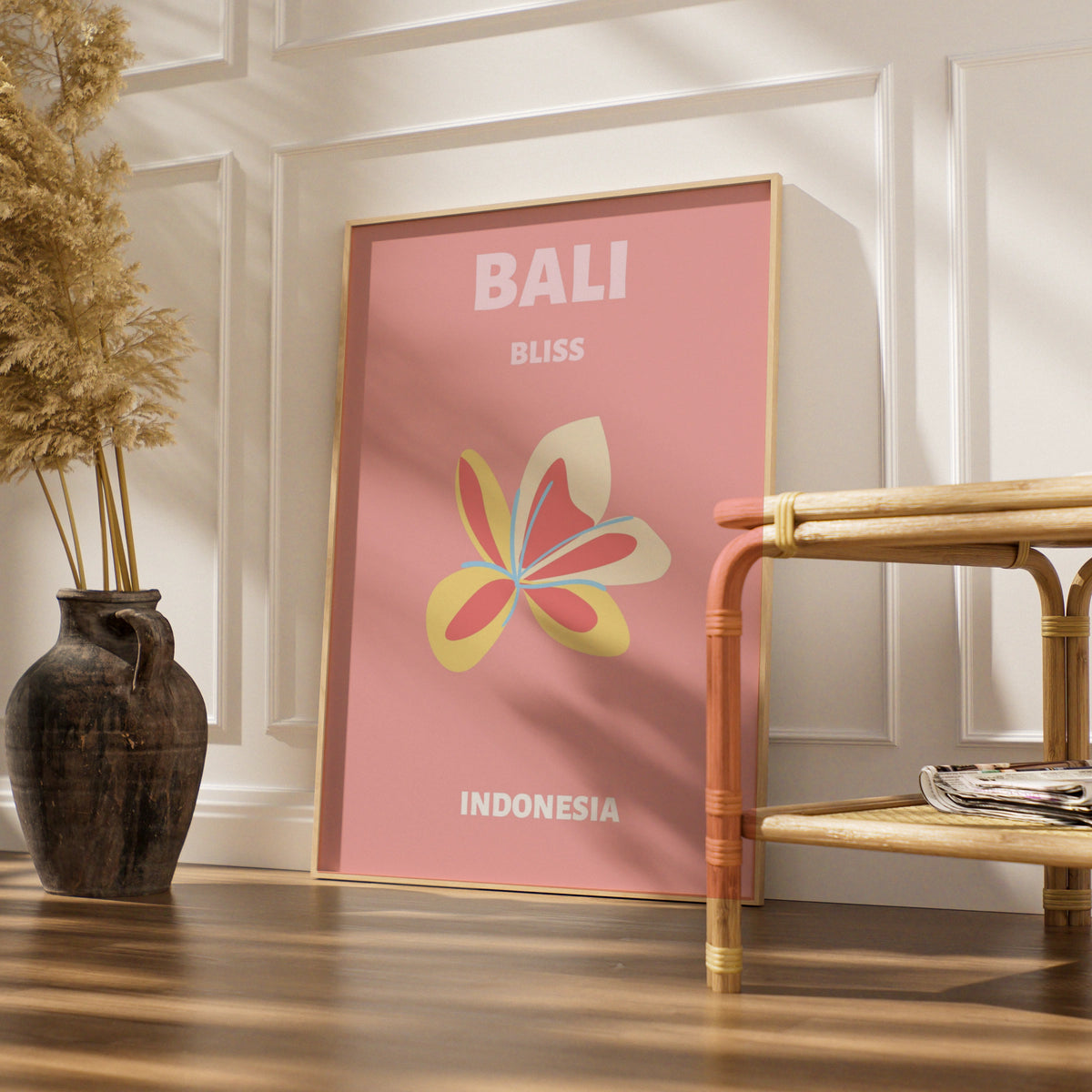 Bali Travel Poster Indonesia Wall Art, Frangipani Floral Print, Retro Tropical Decor