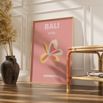 Bali Travel Poster Indonesia Wall Art, Frangipani Floral Print, Retro Tropical Decor