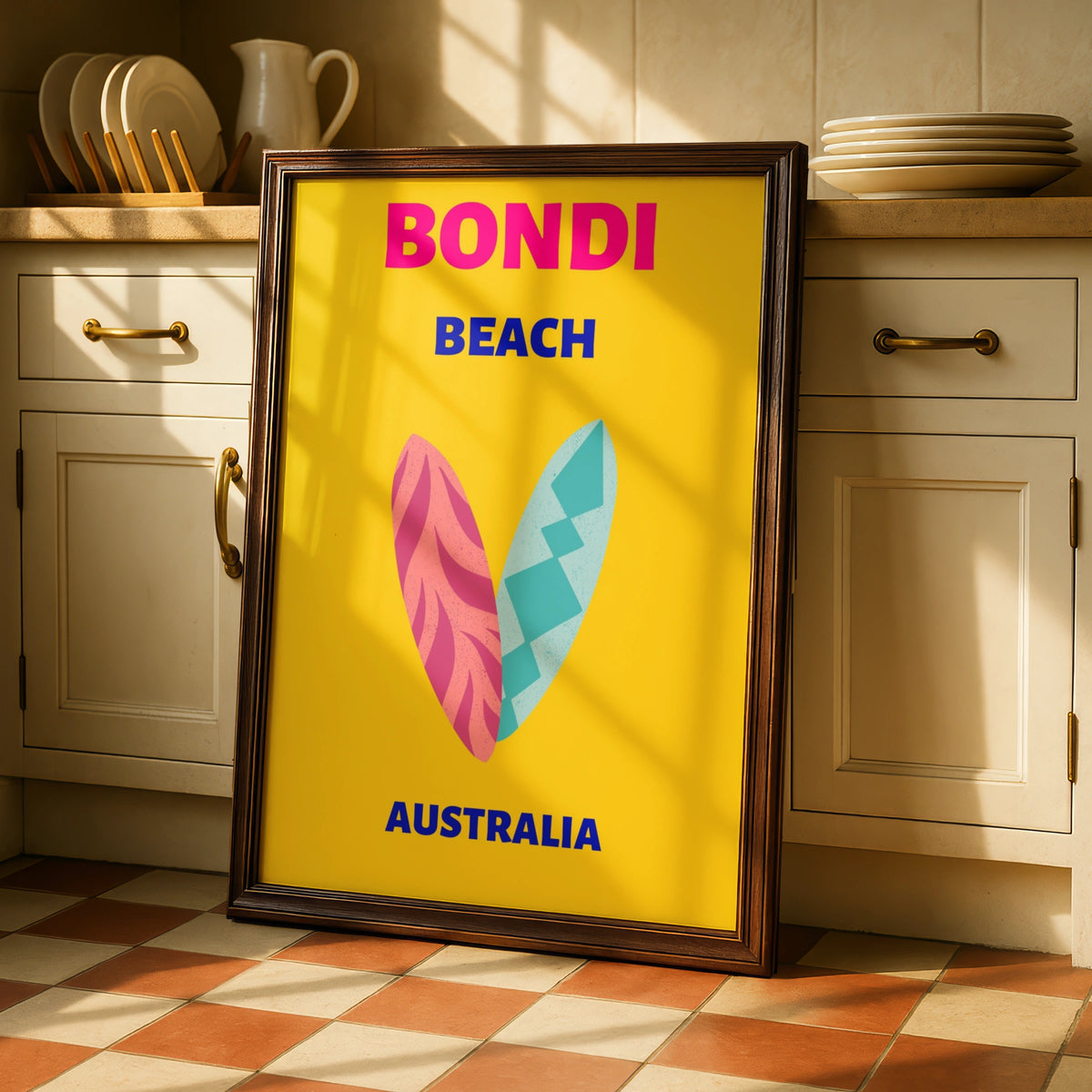 Bondi Beach Australia Travel Poster, Retro Surf Wall Art, Sydney Coastal Print
