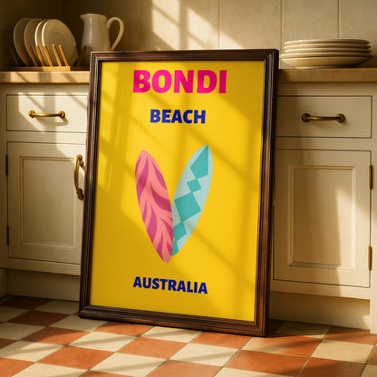Bondi Beach Australia Travel Poster, Retro Surf Wall Art, Sydney Coastal Print