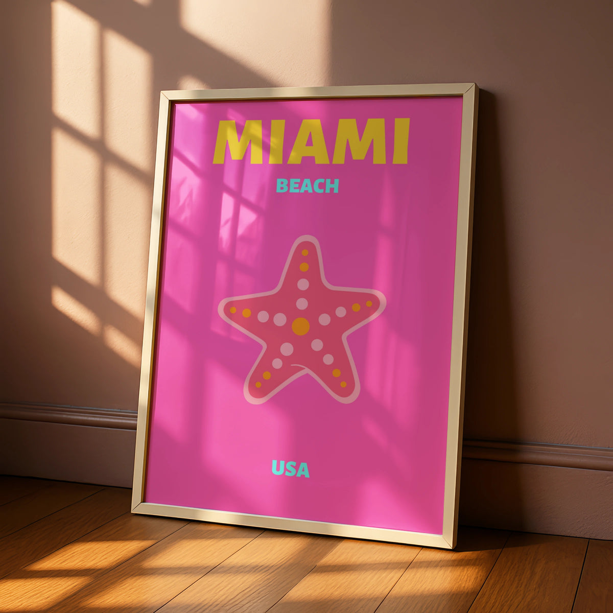 Miami Beach Travel Poster, Florida USA Wall Art, Retro Beach Print, Bold Pink Starfish Decor