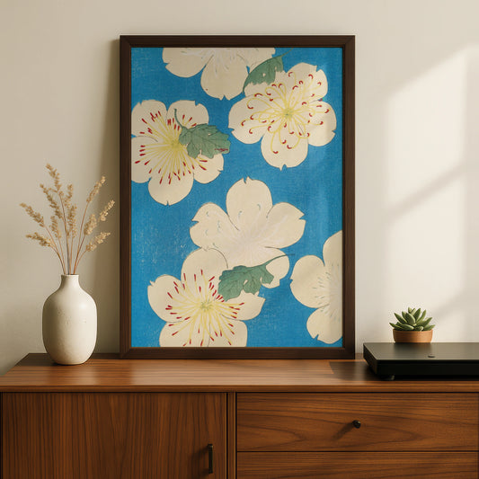 Japanese Botanical Print, Vintage Floral Woodblock Wall Art, Japandi Blue Flower Poster – A5 Black frame