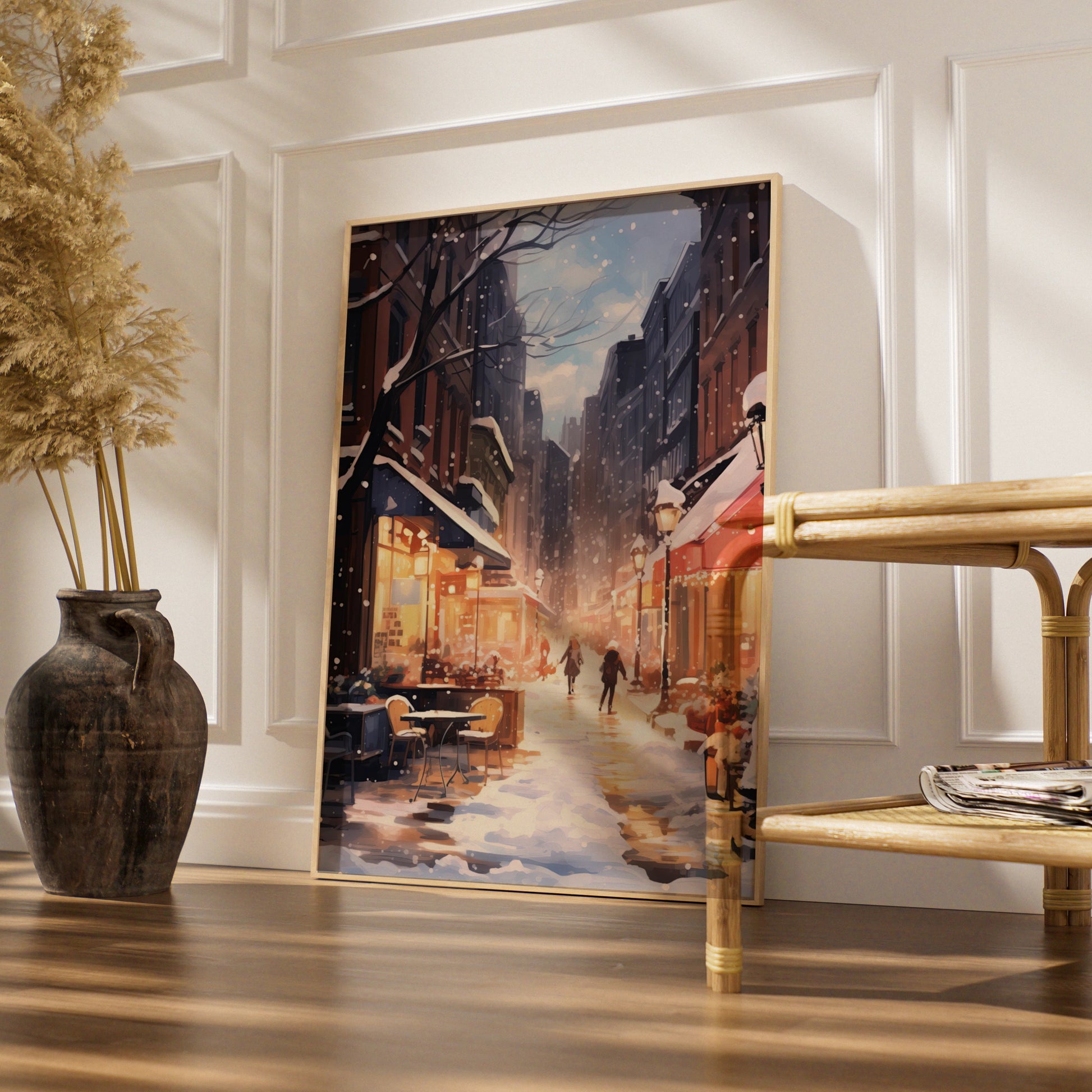 Christmas City Street Poster, Snowy Winter Scene Wall Art, Festive Holiday Print, Cosy Xmas Decor
