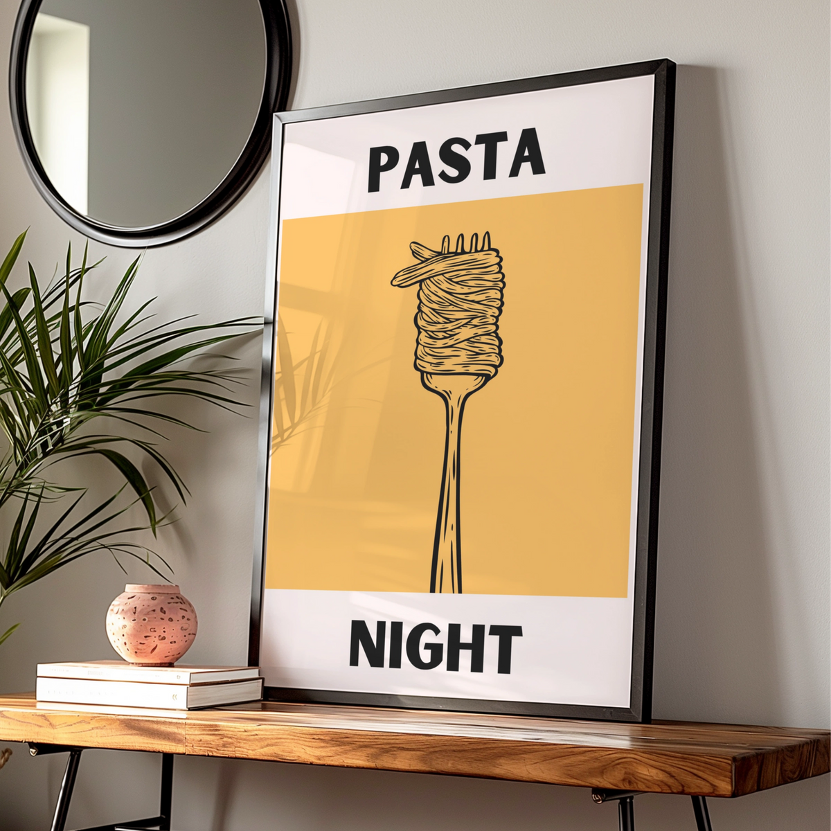 Pasta Night Kitchen Poster, Bold Spaghetti Fork Print, Modern Food Wall Art, Yellow Italian Decor