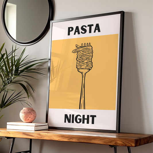 Pasta Night Kitchen Poster, Bold Spaghetti Fork Print, Modern Food Wall Art, Yellow Italian Decor