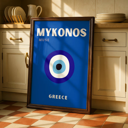 Mykonos Greece Travel Poster, Evil Eye Wall Art, Greek Island Retro Print, Blue