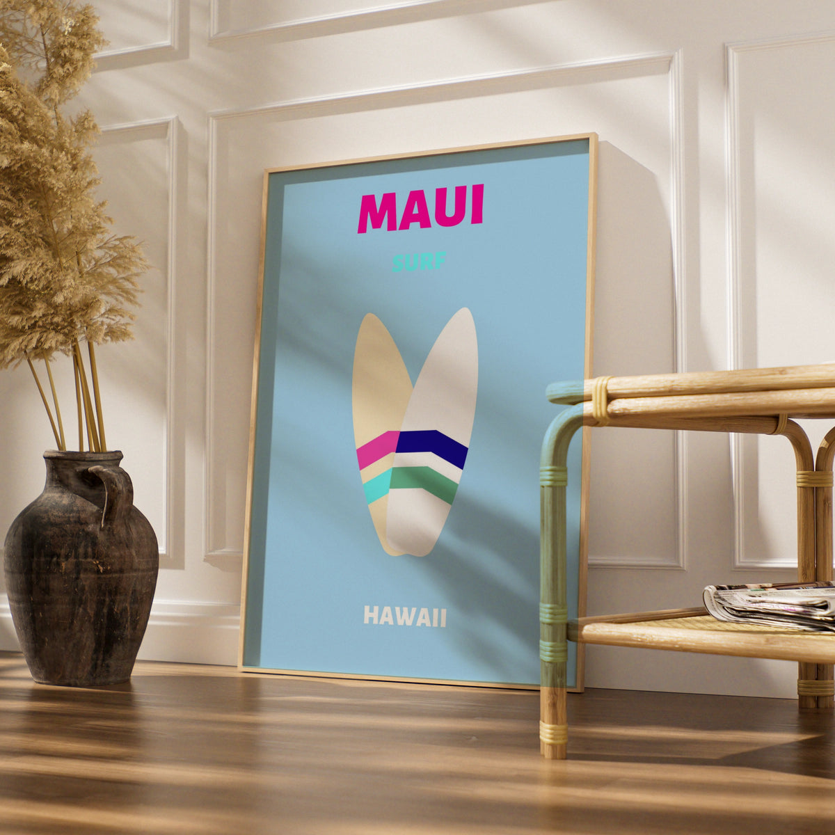 Maui Hawaii Travel Poster, Surf Wall Art, Retro Surfboard Print, Beach Decor