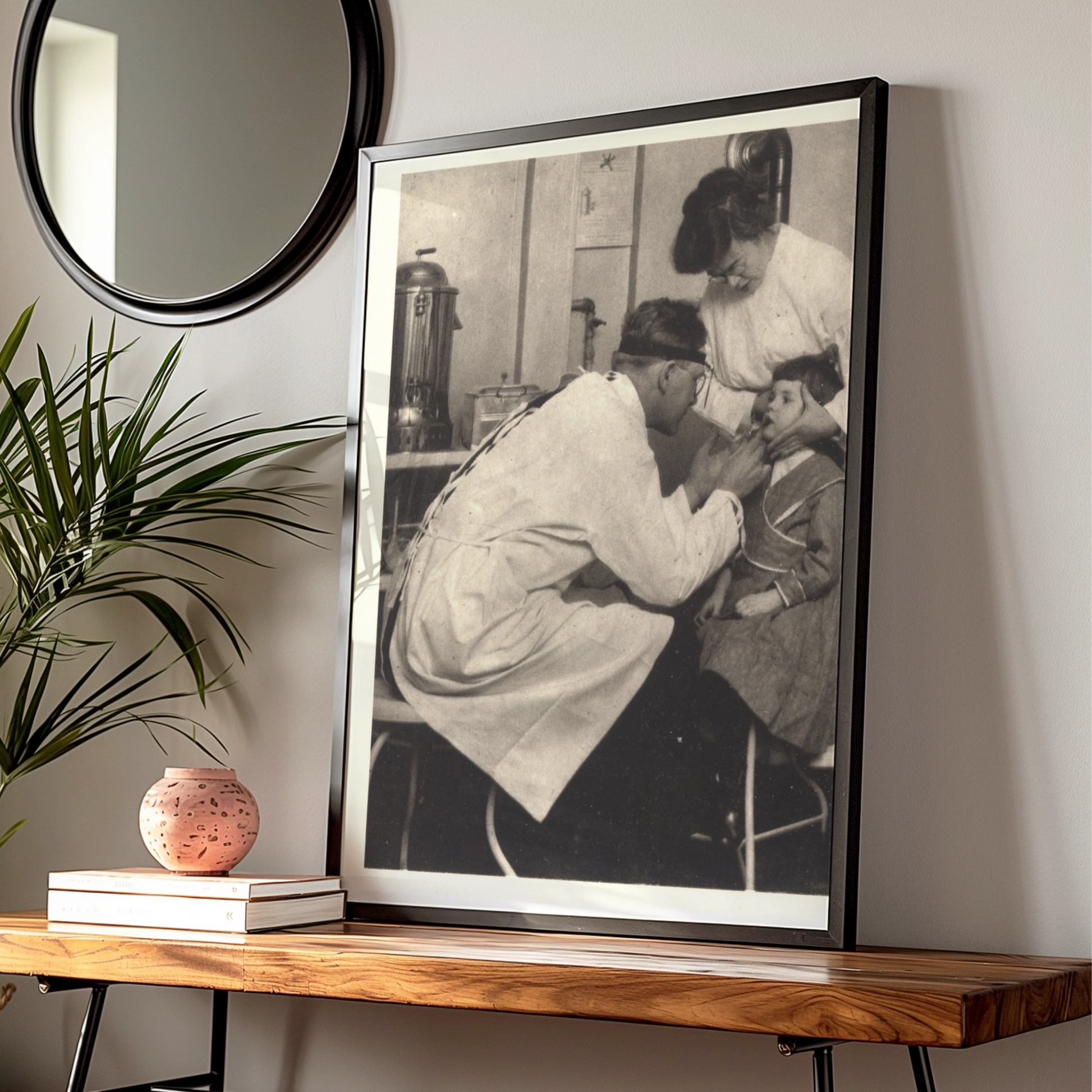 Vintage Doctor Examining Child Poster, Antique Medical Black White Photography Wall Art