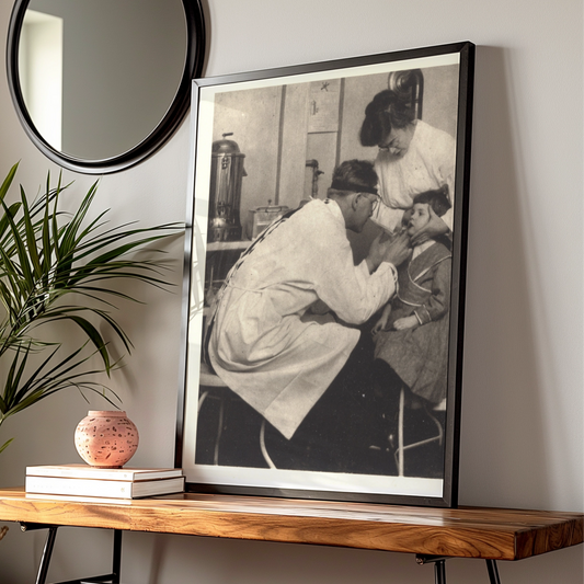 Vintage Doctor Examining Child Poster, Antique Medical Black White Photography Wall Art