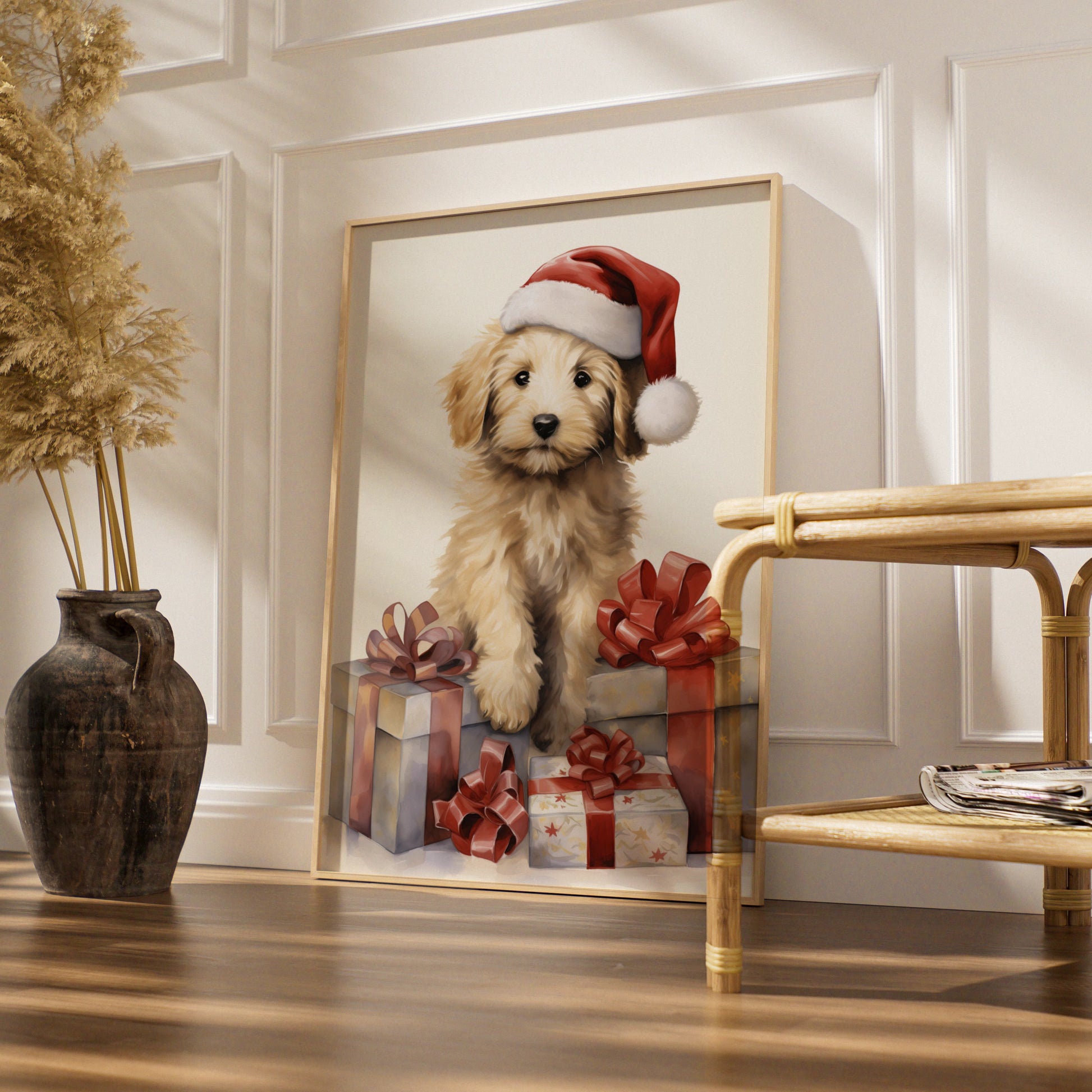 Christmas Puppy Poster, Goldendoodle Santa Hat Print, Festive Dog Wall Art Gift