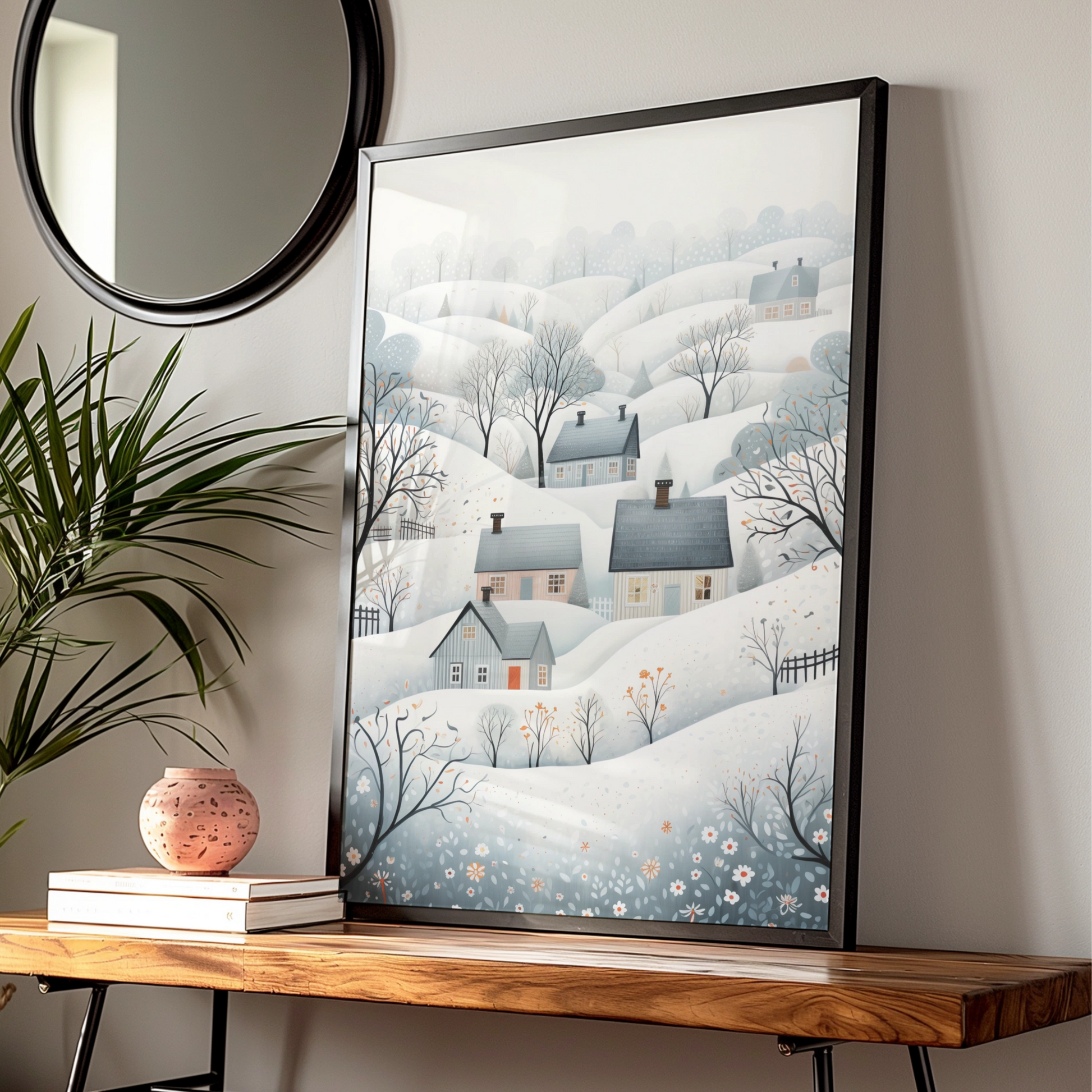 Christmas Winter Village Poster, Snowy Scandinavian Landscape, Festive Wall Art Print