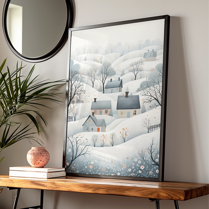 Christmas Winter Village Poster, Snowy Scandinavian Landscape, Festive Wall Art Print