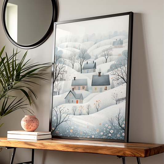 Christmas Winter Village Poster, Snowy Scandinavian Landscape, Festive Wall Art Print
