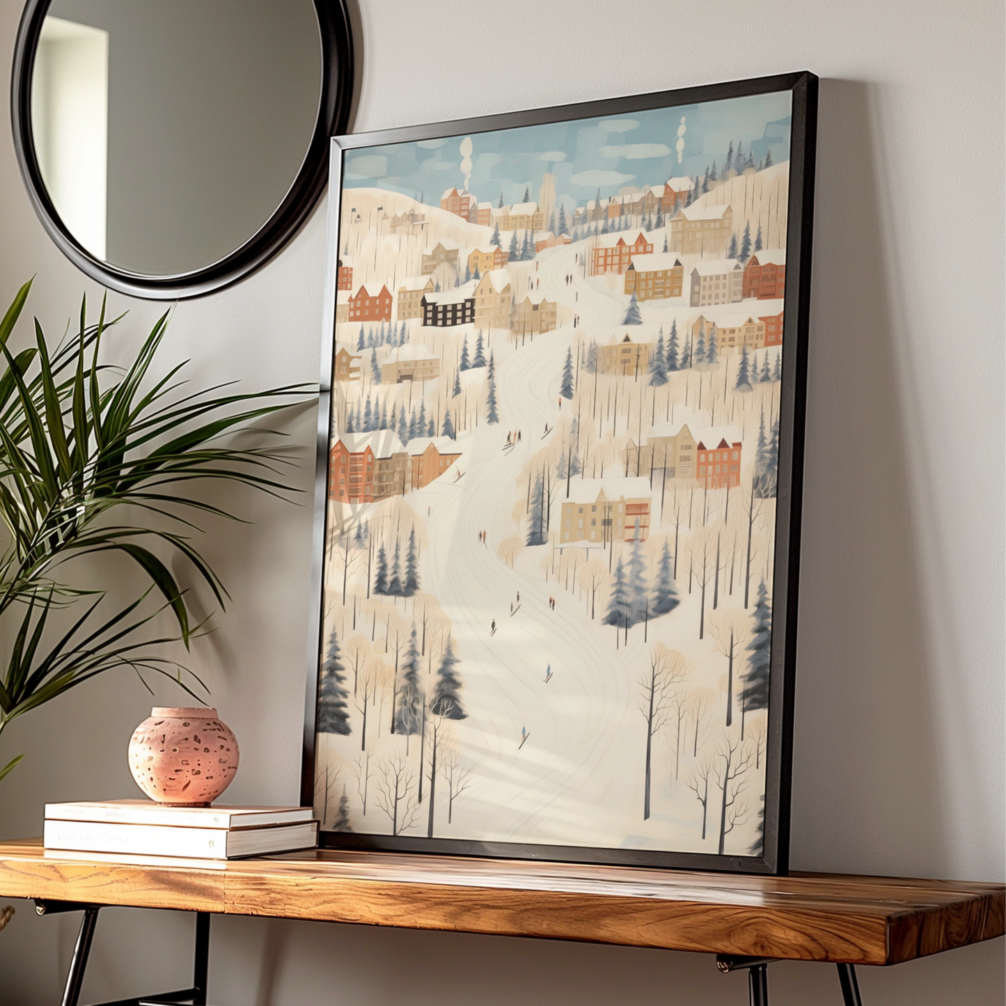 Christmas Winter Village Poster, Snowy Ski Slope Scene, Festive Holiday Wall Art Print