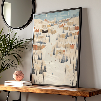Christmas Winter Village Poster, Snowy Ski Slope Scene, Festive Holiday Wall Art Print