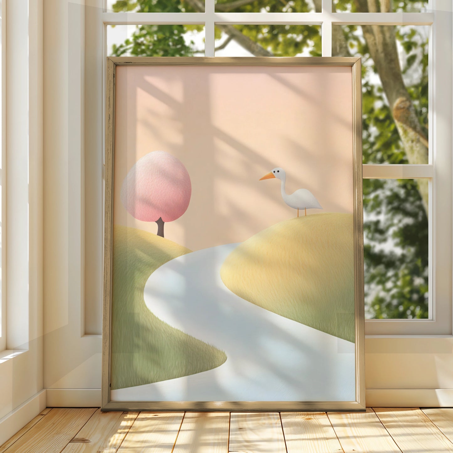 Nursery Wall Art White Bird Print, Pastel Landscape Poster, Baby Room Decor, Kids Room Art