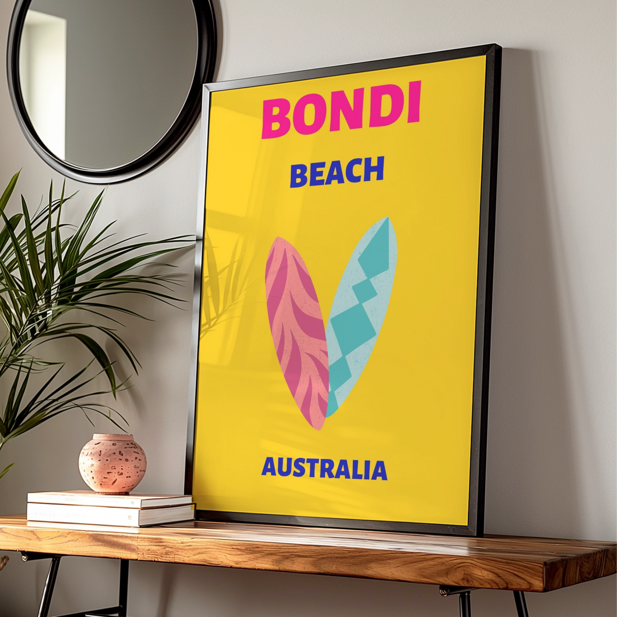 Bondi Beach Australia Travel Poster, Retro Surf Wall Art, Sydney Coastal Print