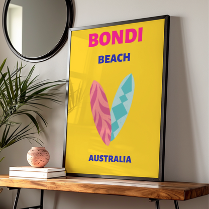 Bondi Beach Australia Travel Poster, Retro Surf Wall Art, Sydney Coastal Print