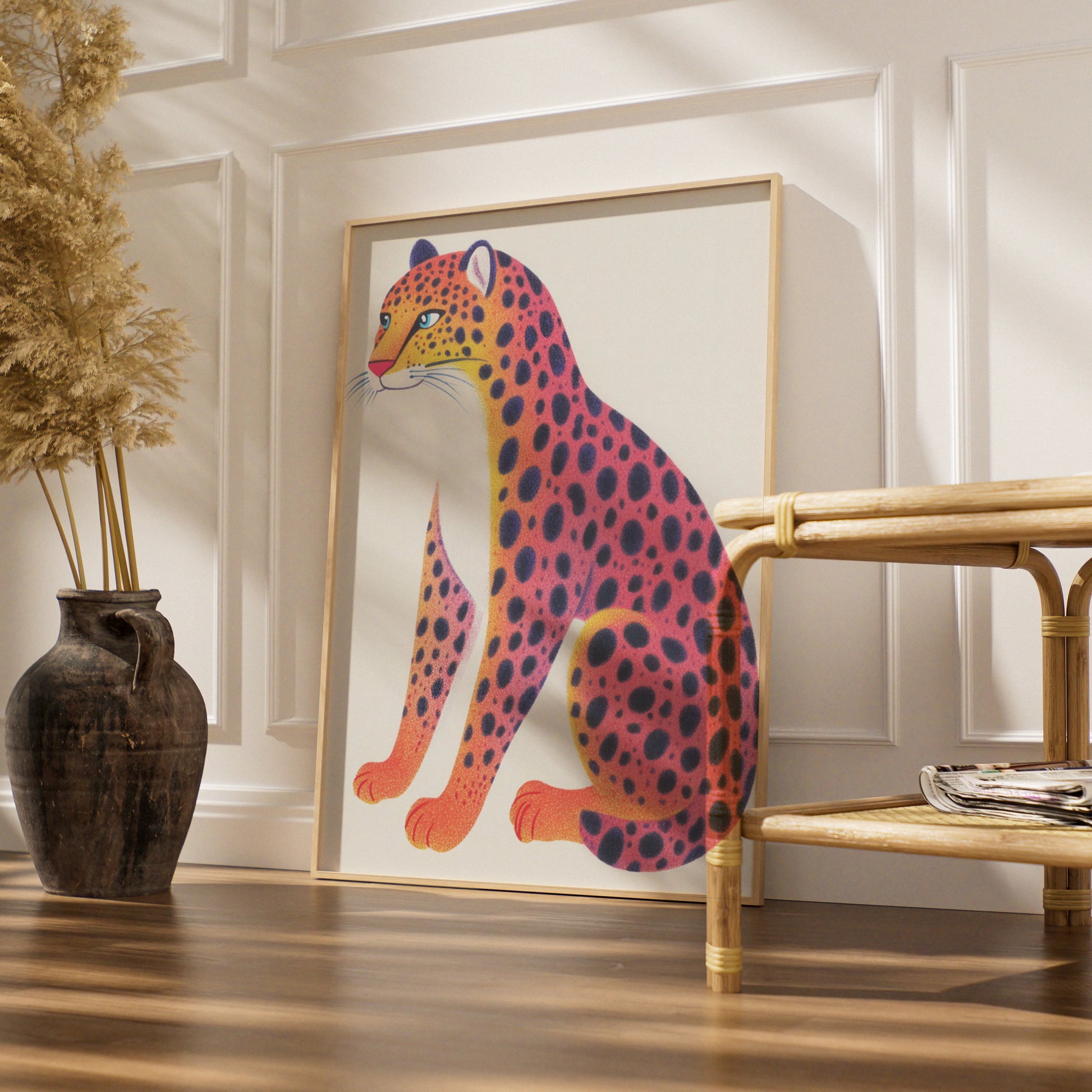 Colourful Leopard Nursery Wall Art, Kids Animal Print, Pink Orange Cheetah Poster