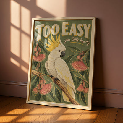 Cockatoo Australian Wall Art, Retro Style Sulphur Crested Bird Print, Aussie Wildlife Poster