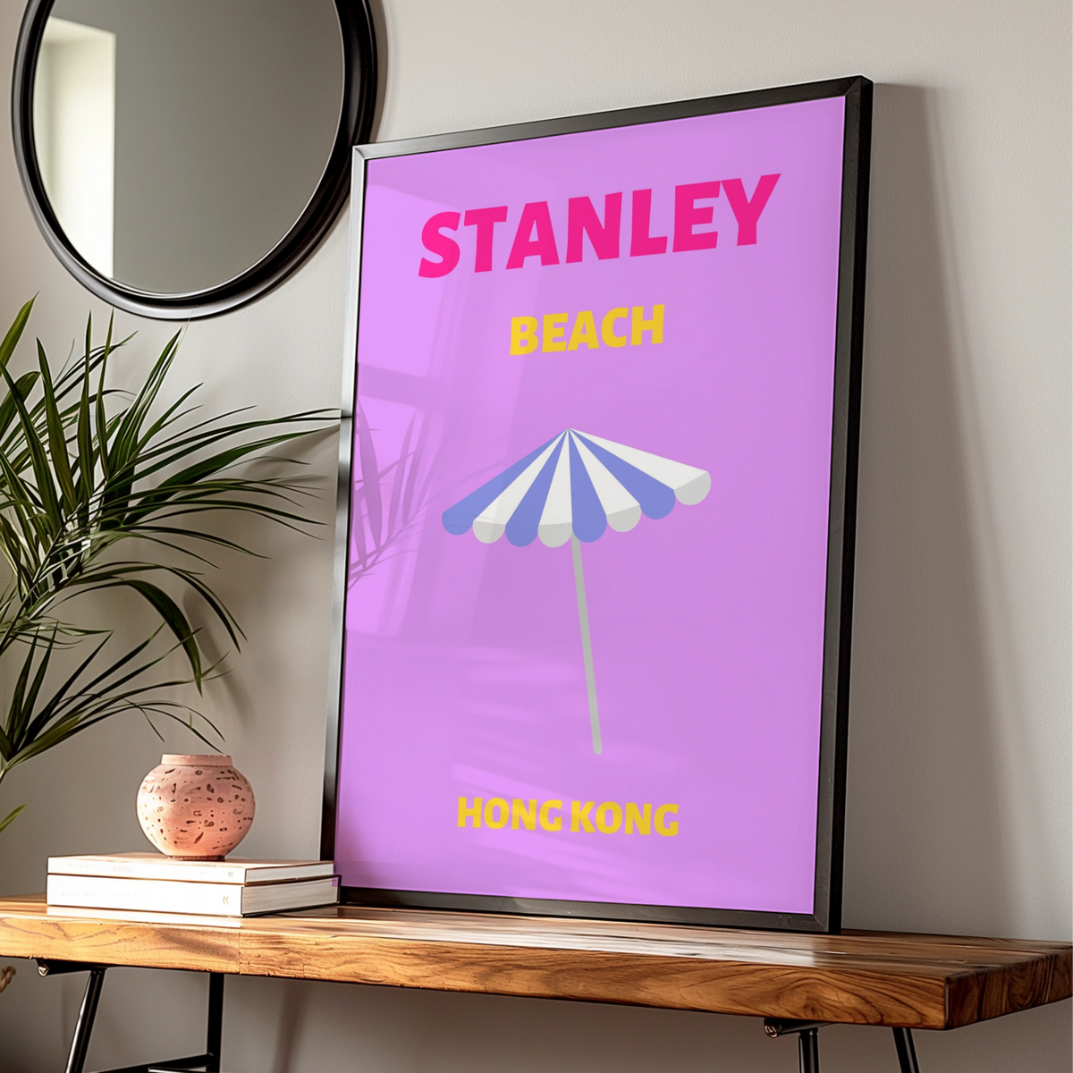Stanley Beach Hong Kong Travel Poster, Retro Wall Art, Colourful Beach Print