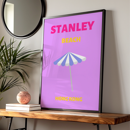 Stanley Beach Hong Kong Travel Poster, Retro Wall Art, Colourful Beach Print