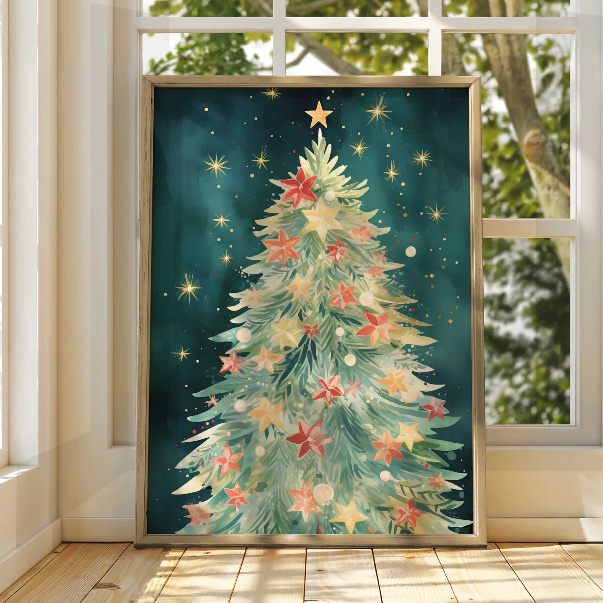 Christmas Tree Poster, Watercolour Festive Wall Art, Teal Gold Star Print, Holiday Decor