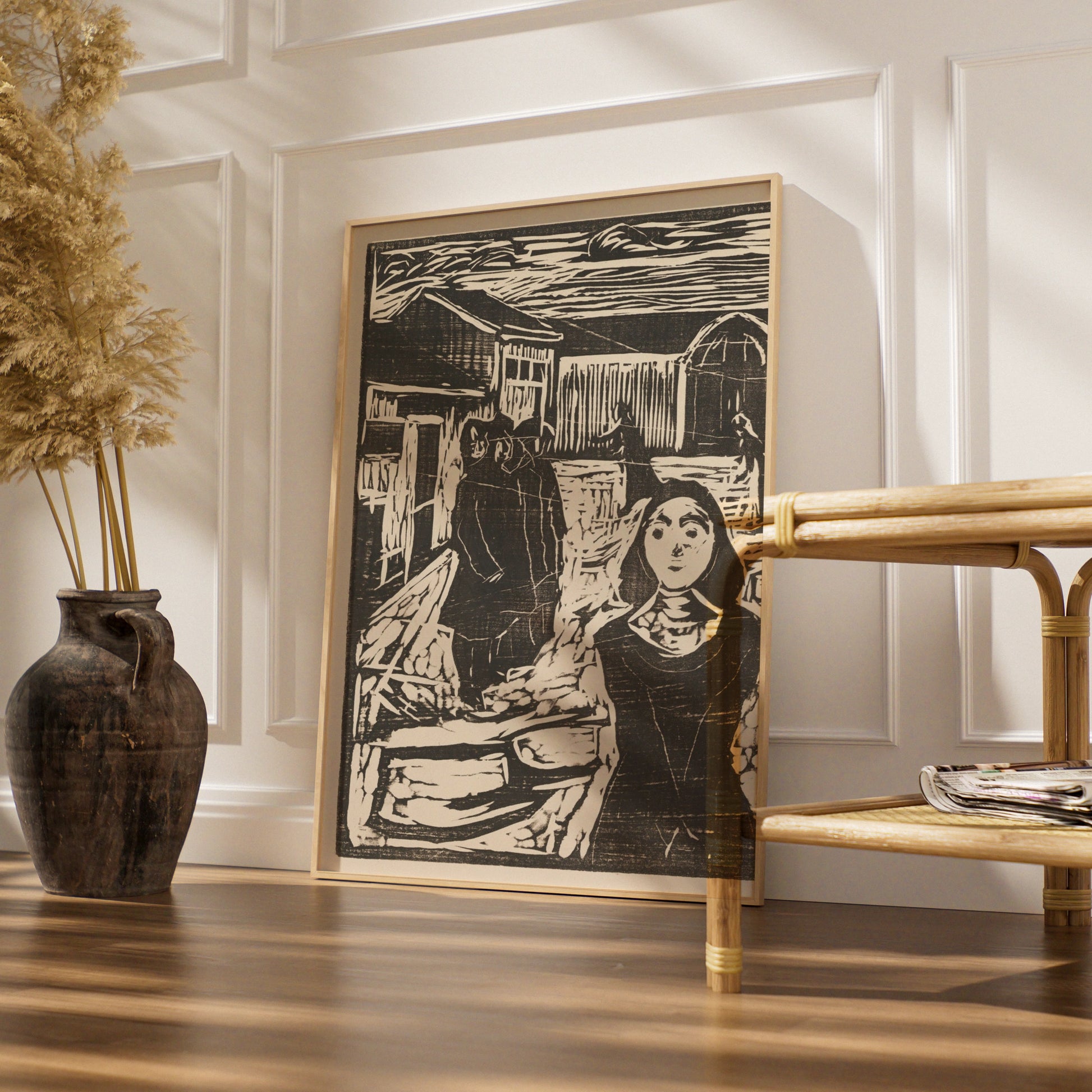 Halloween Woodcut Art Print, Dark Gothic Village Scene, Black White Spooky Wall Art Poster
